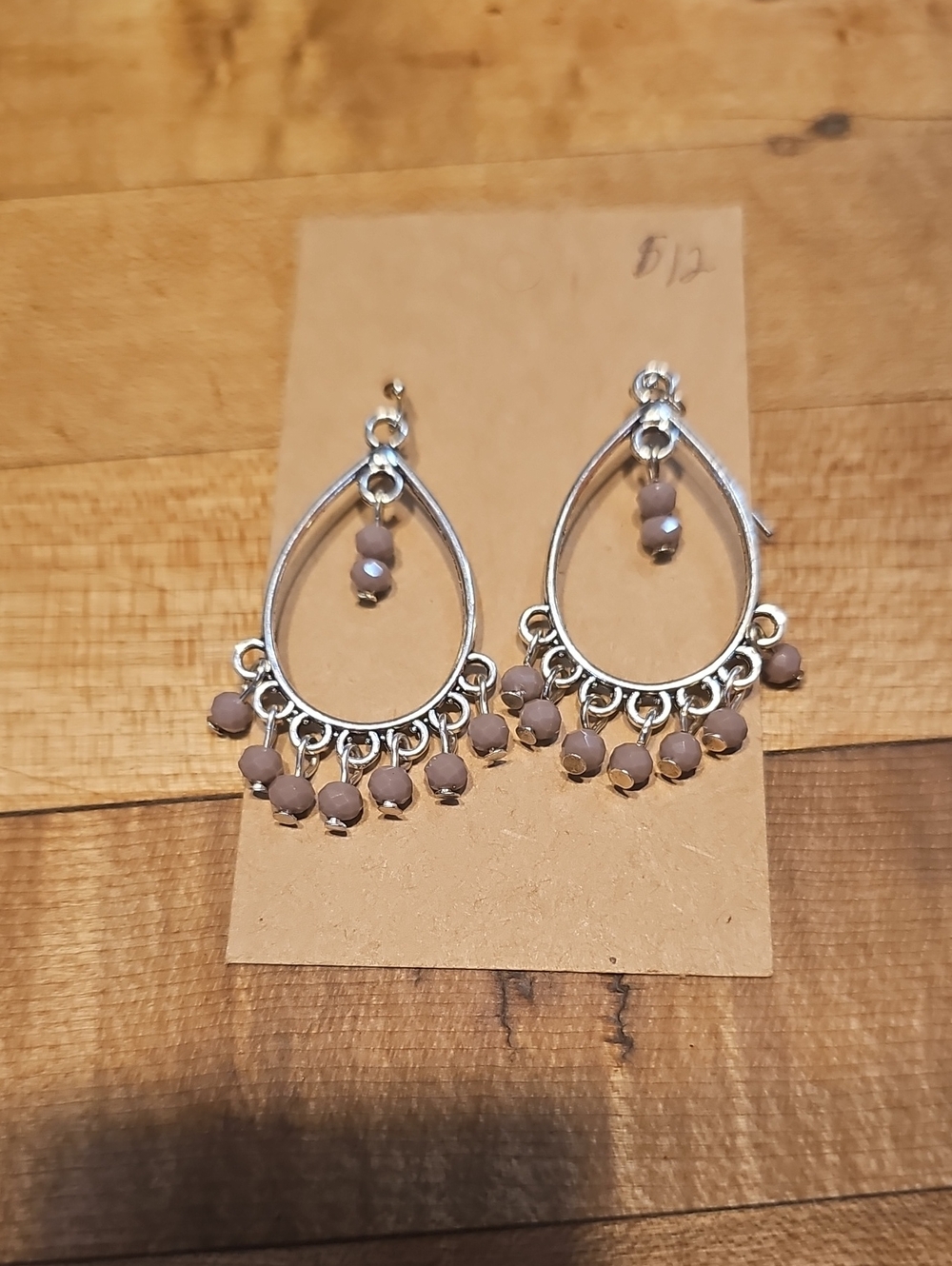 Silver Tone Teardrop Dangle Earrings with Taupe Beads